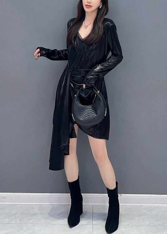 Black Wrinkled Cotton Mid Dress V Neck Spring