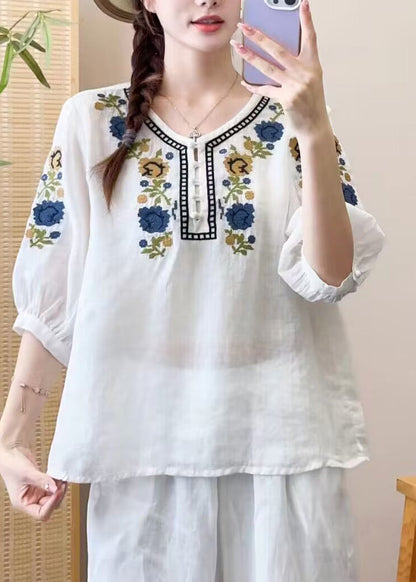 Diy Orange O Neck Embroideried Patchwork Linen Shirts Bracelet Sleeve
