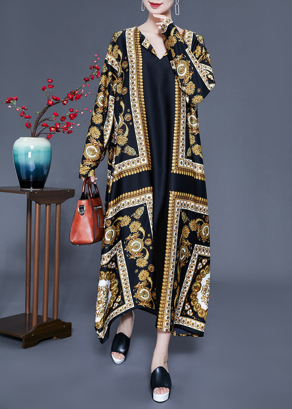 Black V Neck Oversized Print Silk Ankle Dress Spring