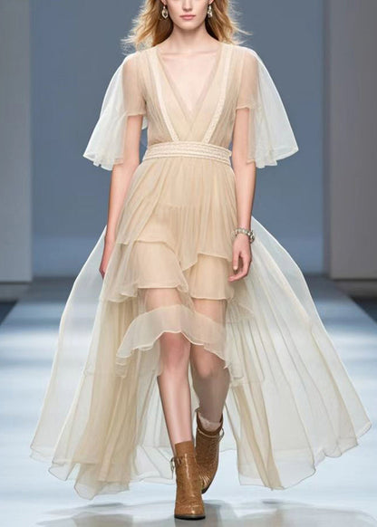 Apricot Asymmetrical Design Silk Holiday Dress Cloak Sleeves