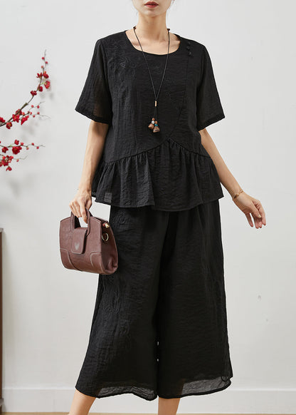Black Embroidered Patchwork Linen Two Pieces Set Summer
