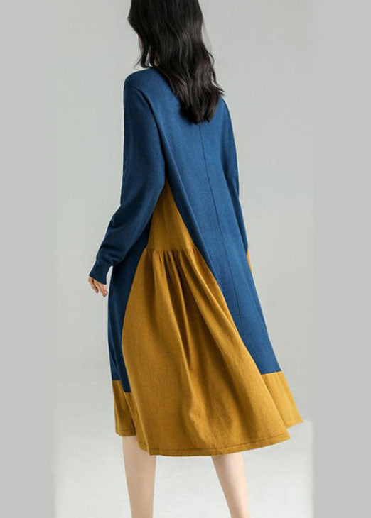Colorblock O Neck Patchwor Kwrinkled Knit Dress Spring