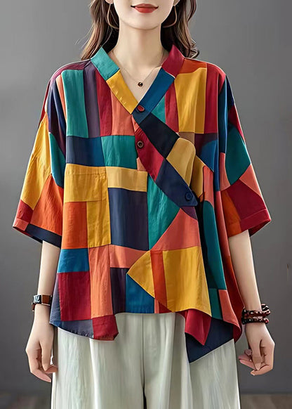 Colorblock Asymmetrical Patchwork Applique Linen Top Summer