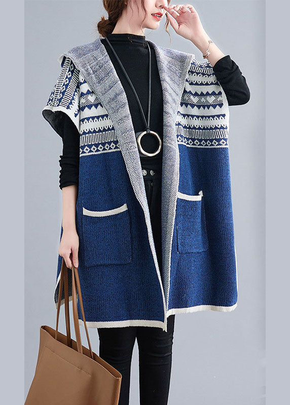 French Blue Hooded Side Open Short Sleeve Fall Knit Sweaters Coat/ships 30 Days