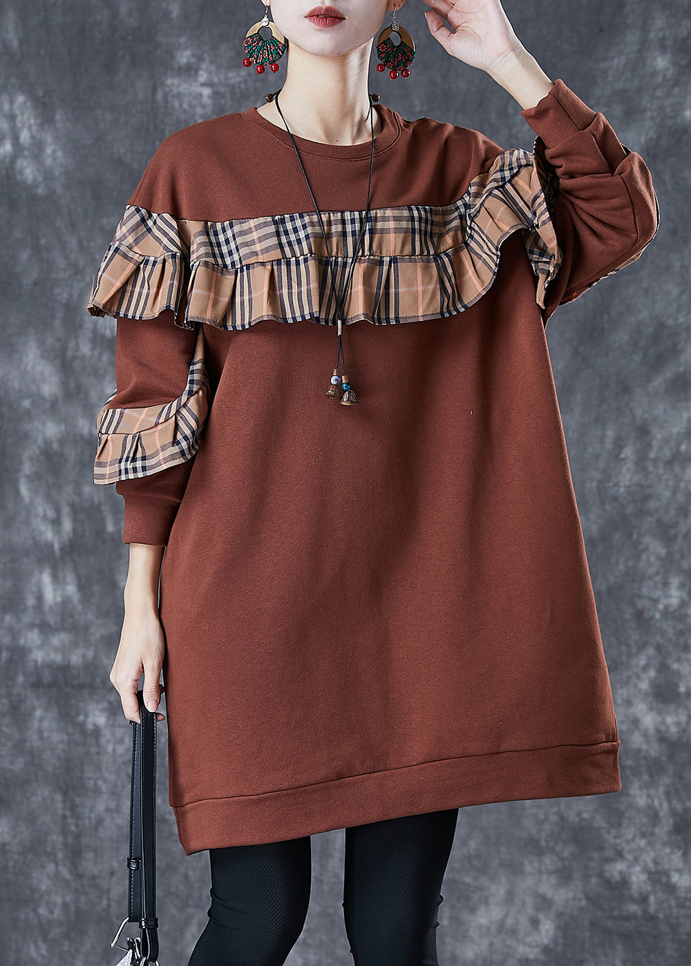 Brown Ruffled Patchwork Cotton Sweatshirts Dress Fall
