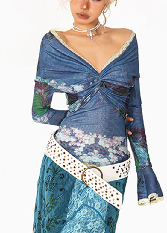 Blue V Neck Print Lace Patchwork Tulle Shirt Flare Sleeve