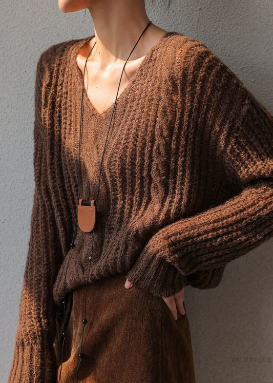 Coffee V Neck Cotton Knit Sweater Spring