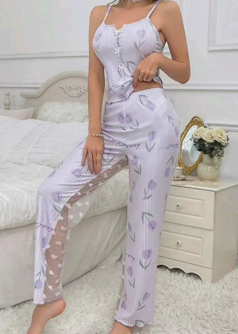 Art Light Purple Print Tulle Patchwork Vest and Trousers Two-piece Set Sleeveless