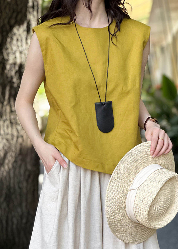 Simple Yellow O Neck Linen Top Sleeveless