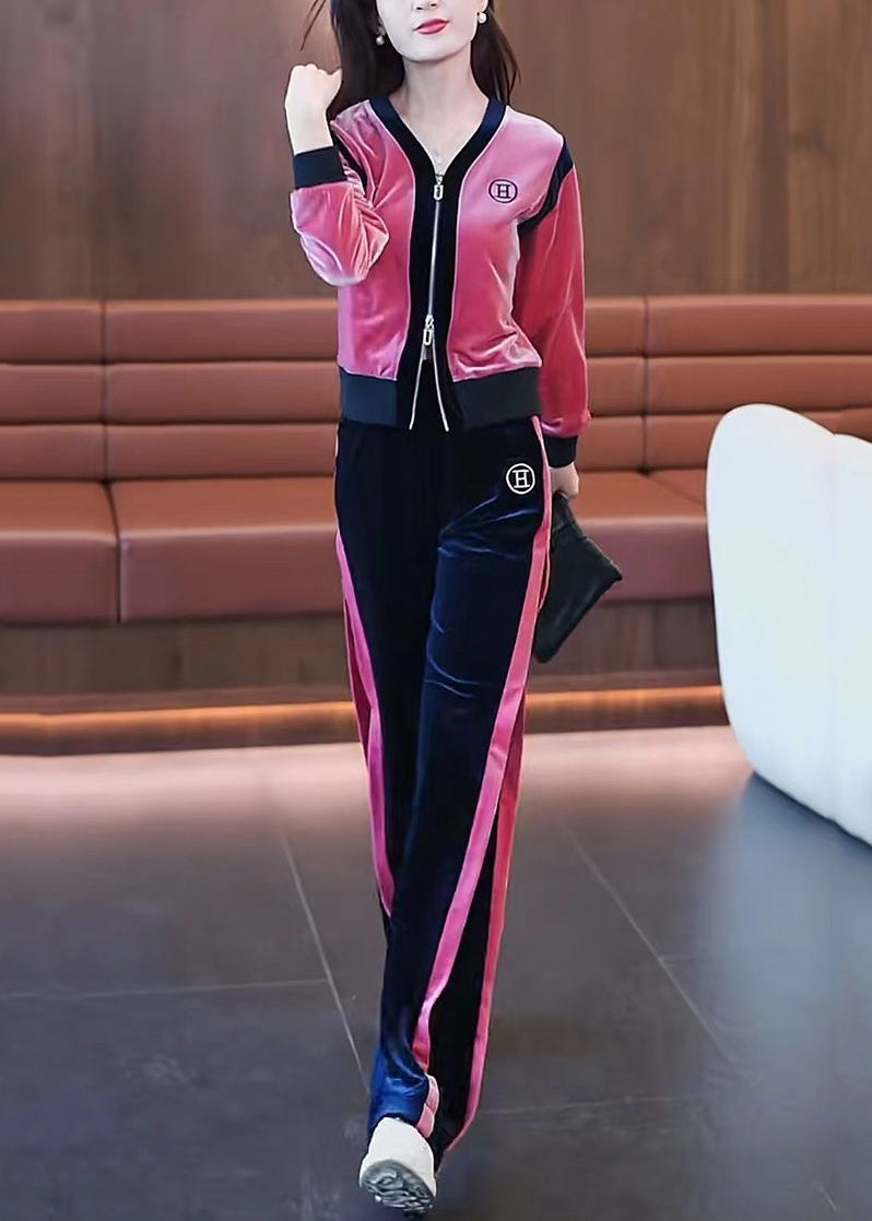 Pink V Neck Zippered Patchwork Coats and Pants Silk Velour Two Pieces Set Fall