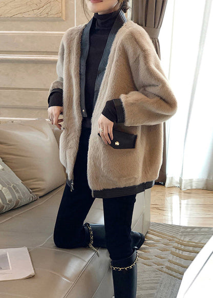New Khaki Zippered Pockets Patchwork Leather and Fur Coat Winter