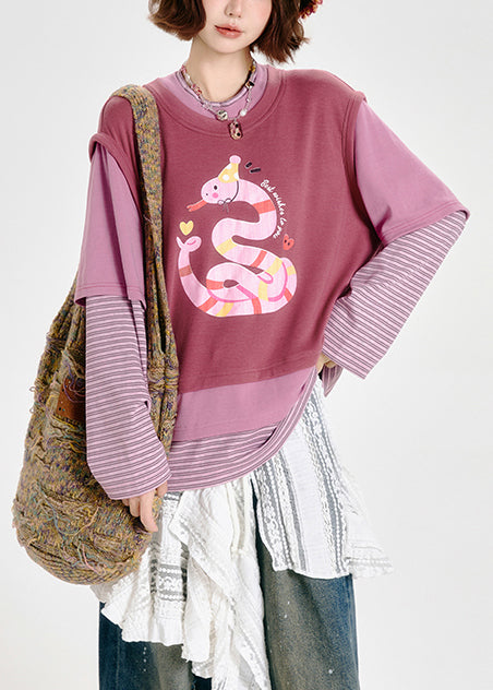 Pink Oversized Patchwork Print Cotton Fake Two Piece Sweatshirts Top Spring