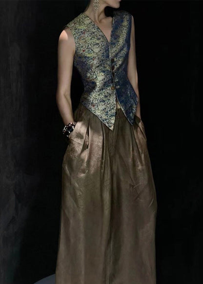 Print Button Pockets Silk Two-piece Set Sleeveless Summer