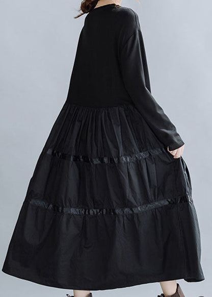 Black O-neck Patchwork Cotton Dress Spring