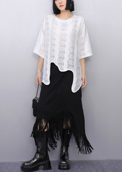White Asymmetrical Hollow Out Cotton Tops Summer