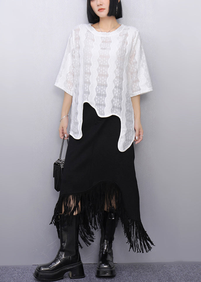 White Asymmetrical Hollow Out Cotton Tops Summer