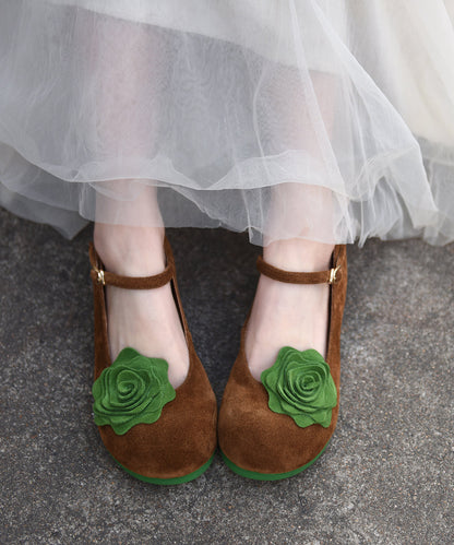 Khaki Suede Flat Shoes for Splicing Buckle Strap