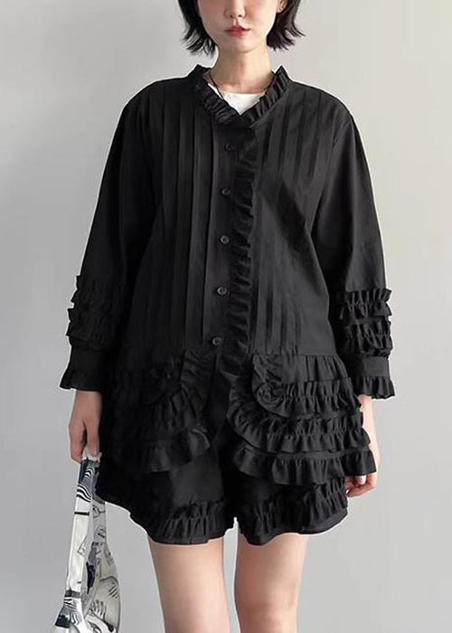French White Ruffled Shirt and Shorts Cotton Two Piece Set Fall
