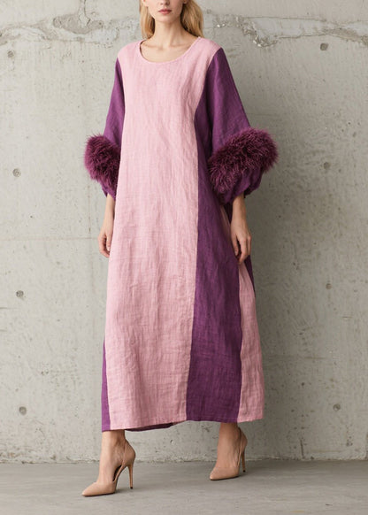 Colorblock Fuzzy Fur Patchwork Cotton Dresses Fall
