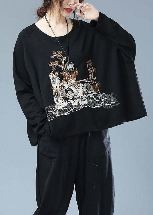 Black O Neck Embroideried Patchwork Cotton T Shirt Top Fall