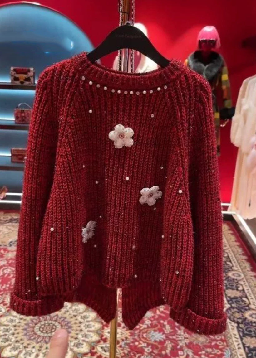 Stylish Red O-neck Nail Bead Thick Cotton Knit Sweater Tops Winter
