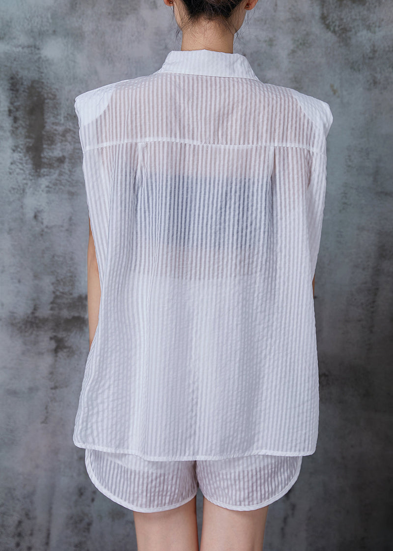 White Striped Zircon Cotton Two Pieces Set Summer