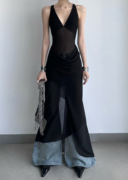 Black V Neck Backless Patchwork Chiffon Dress Summer