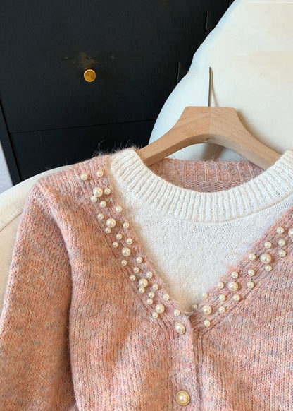 Pink False Two Pieces Patchwork Knit Sweater O-neck
