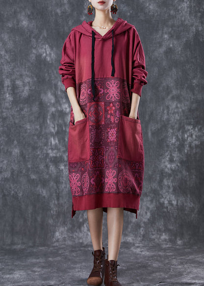 Mulberry Hooded Patchwork Pockets Cotton Sweatshirt Dress Fall