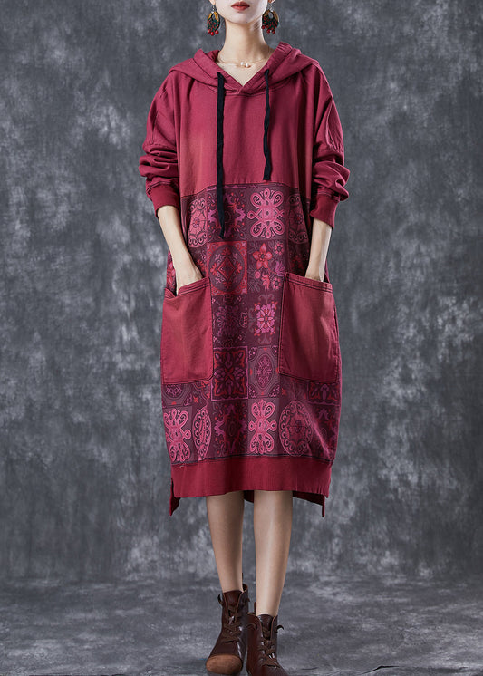 Mulberry Hooded Patchwork Pockets Cotton Sweatshirt Dress Fall