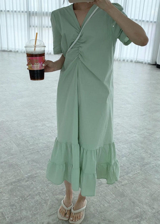 Khaki Wrinkled Cotton Vacation Dresses Puff Sleeve