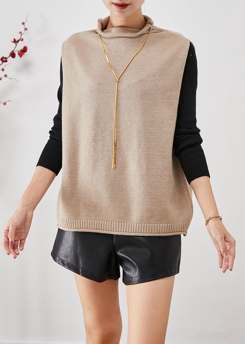 Khaki Turtle Neck Thick Wool Knit Vests Winter
