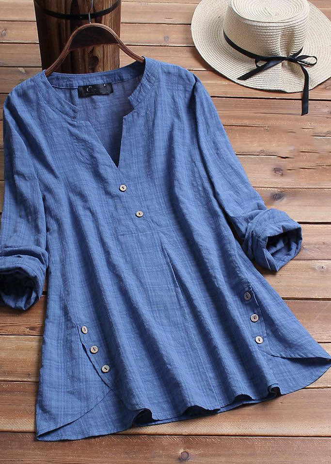 Plaid Side Button V-neck Long Sleeve Shirt Blouse