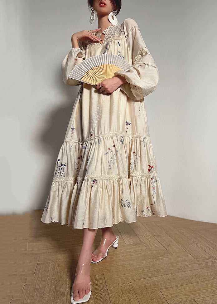 Loose Beige Embroidered Ruffled Pockets Linen Dress Long Sleeve Summer