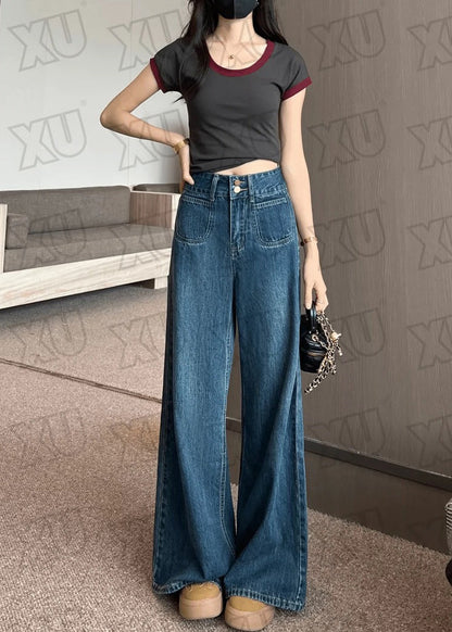 Boutique Navy High Waist Denim Straight Pants Fall