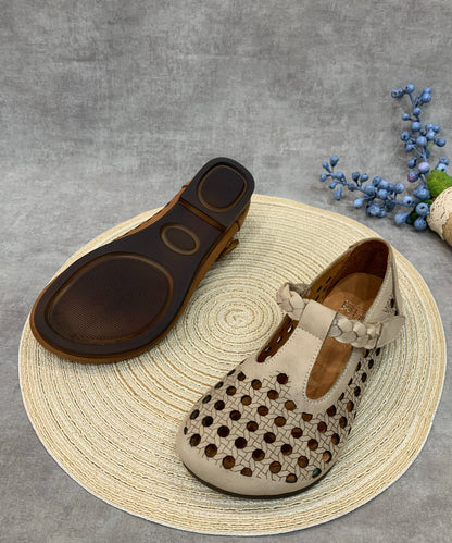 Comfy Beige Flat Shoes Hollow Out Cowhide Leather