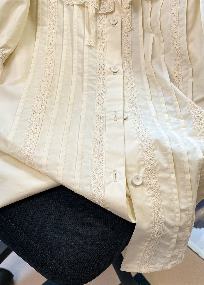 Apricot Peter Pan Collar Embroidered Patchwork Cotton Shirts Summer