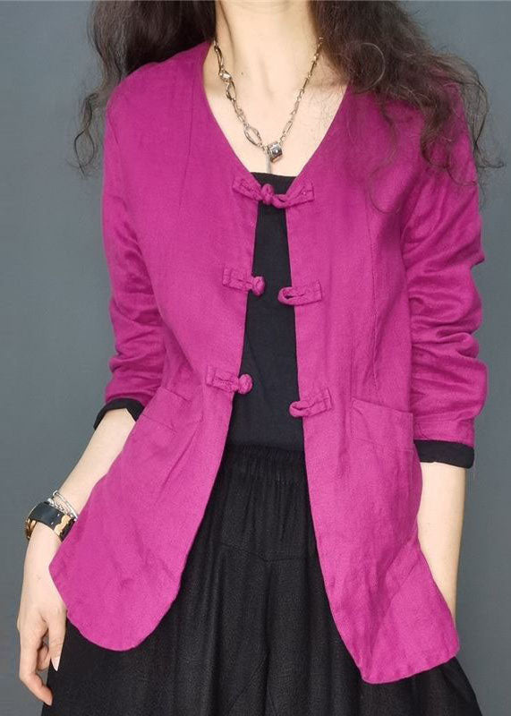Chocolate Button Pockets V Neck Linen Coat Long Sleeve