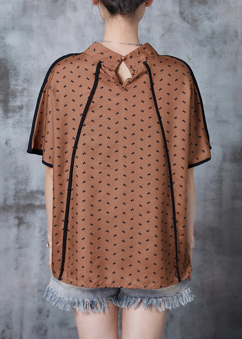 Brown Stand Collar Print Cotton Tanks Summer