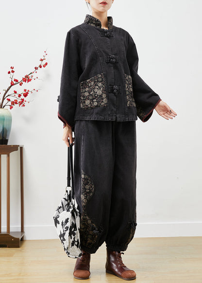Black Stand Collar Patchwork Print Denim 2 Piece Outfit Fall