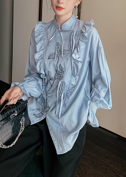 Blue Stand Collar Ruffled Print Tie Waist Button Shirt Long Sleeve