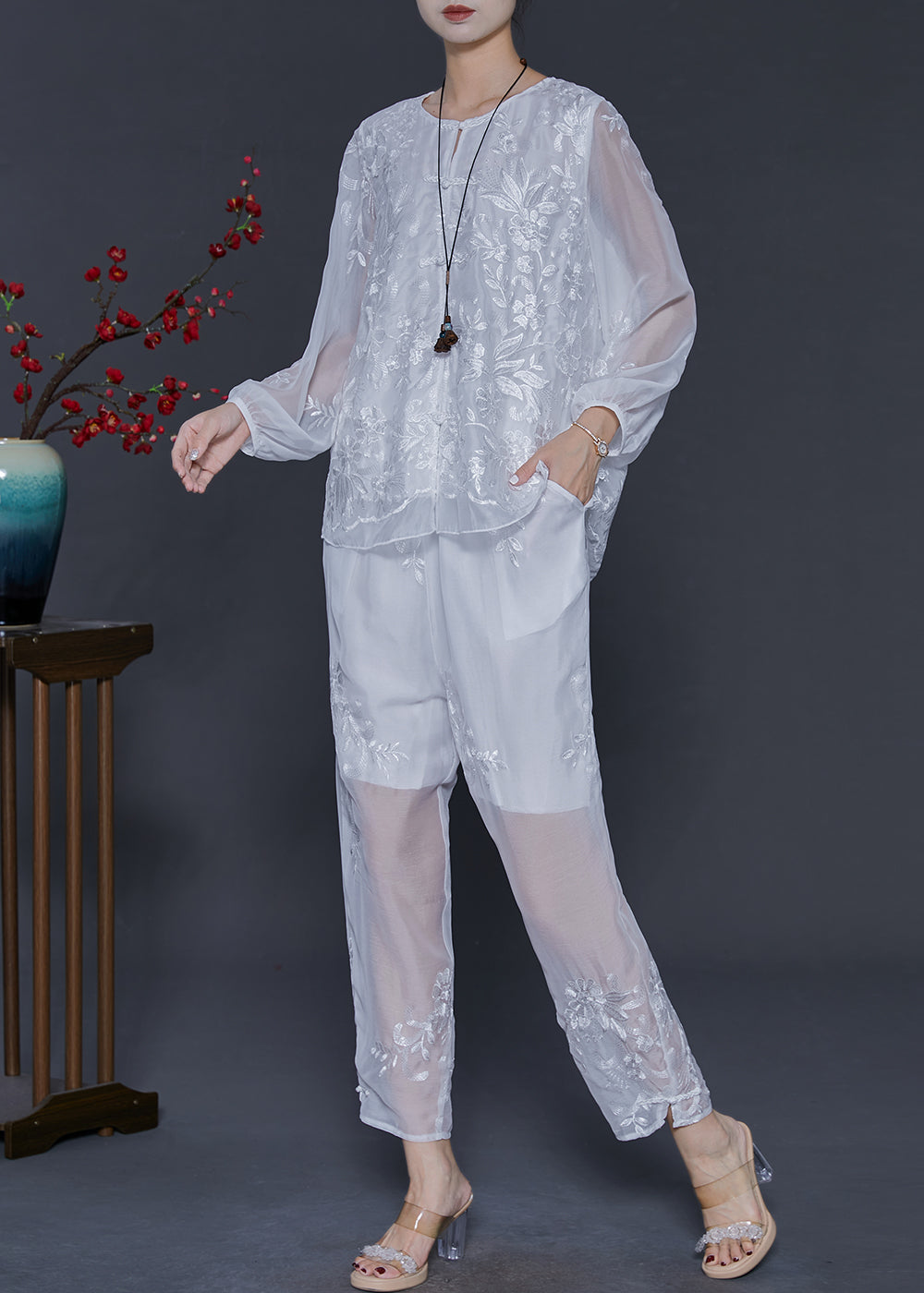 White Embroidered Silk Sets 2 Pieces Summer