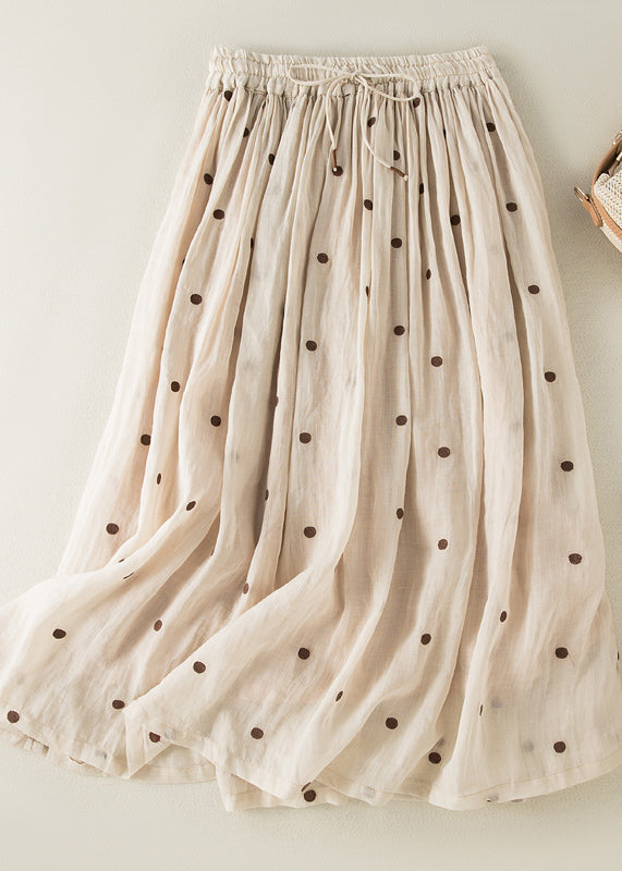 Apricot Dot Drawstring Elastic Waist Wrinkled Cotton Skirt Summer