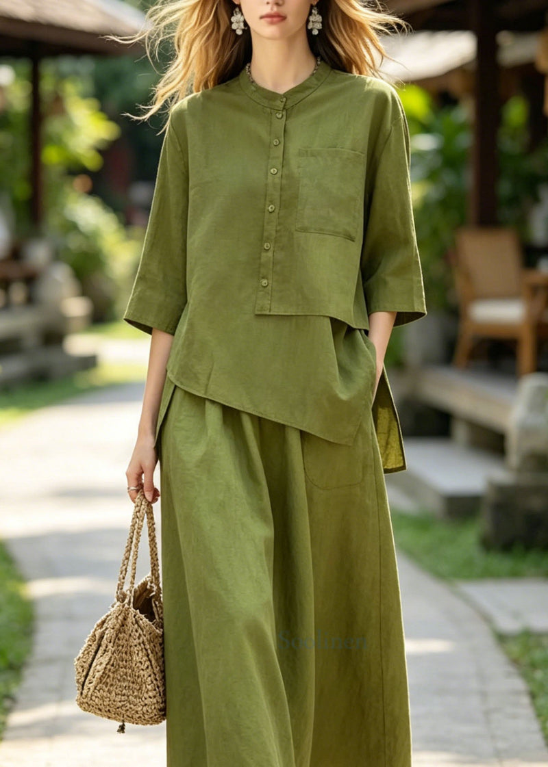 Green Asymmetrical Top and Skirts Cotton 2 Piece Outfit Summer