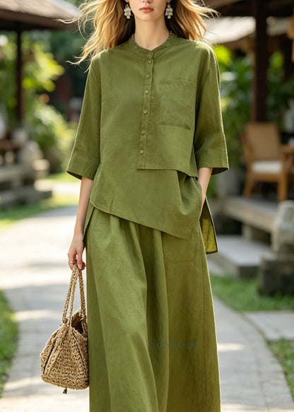 Green Asymmetrical Top and Skirts Cotton 2 Piece Outfit Summer