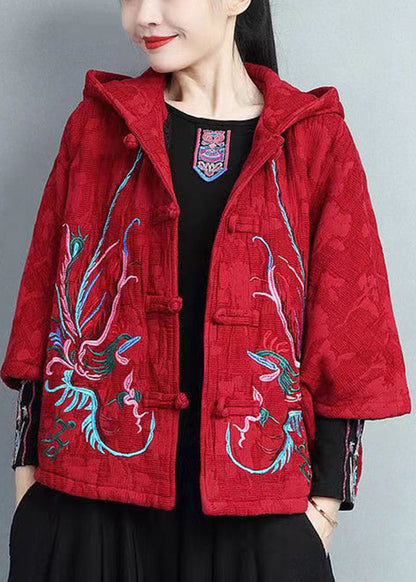 Red Embroidered Chinese Button Hooded Warm Fleece Coat Spring