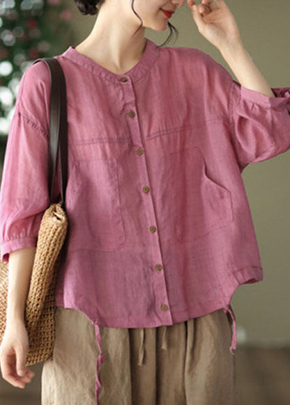 Rose O-neck Patchwork Linen Tops Bracelet Sleeve