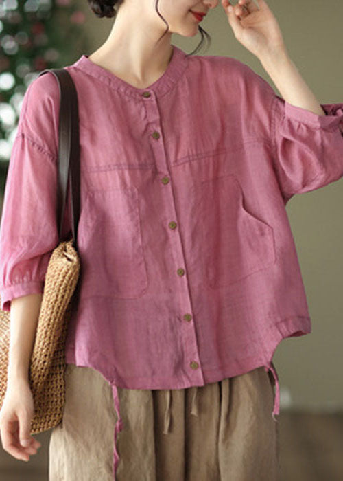 Rose O-neck Patchwork Linen Tops Bracelet Sleeve