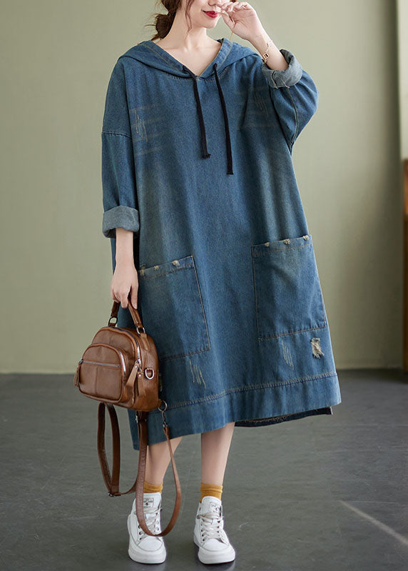 Blue Hooded Drawstring Denim Dress Spring