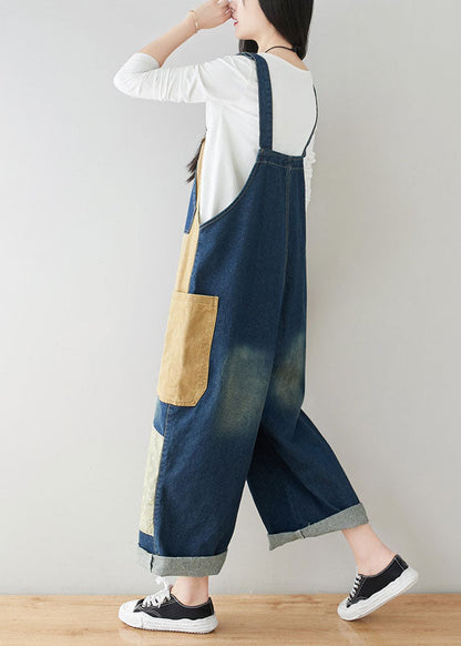Style Dark Blue Pockets Patchwork Cotton Denim Jumpsuits Spring